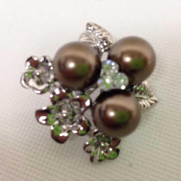 Fabulous, Three Faux Brown Pearls and Rhinestone Brooch 1.5in x 1.5in