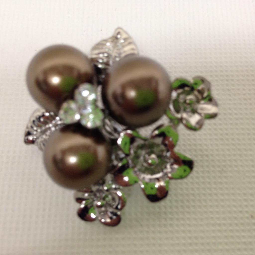 Fabulous, Three Faux Brown Pearls and Rhinestone Brooch 1.5in x 1.5in