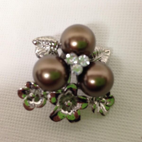 Fabulous, Three Faux Brown Pearls and Rhinestone Brooch 1.5in x 1.5in