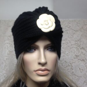 Fabulous Black Knitted Cloche' Turban -Flapper Style Hat with Camelia Ornament