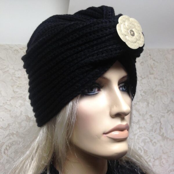 Fabulous Black Knitted Cloche' Turban -Flapper Style Hat with Camelia Ornament