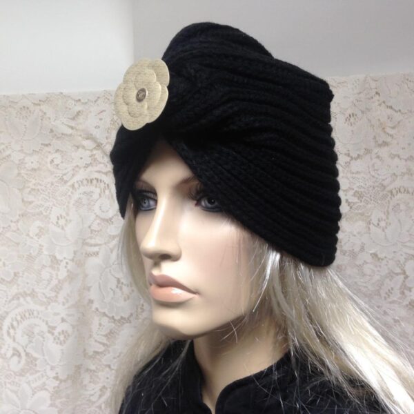 Fabulous Black Knitted Cloche' Turban -Flapper Style Hat with Camelia Ornament