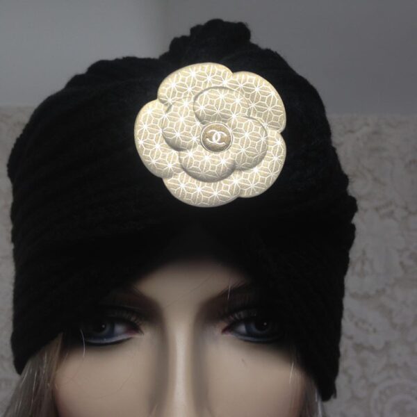 Fabulous Black Knitted Cloche' Turban -Flapper Style Hat with Camelia Ornament