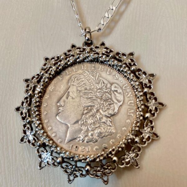 Antique 1921 Silver MorgaDollar Coin Pendant with 18in 925 Silver Chain Necklace