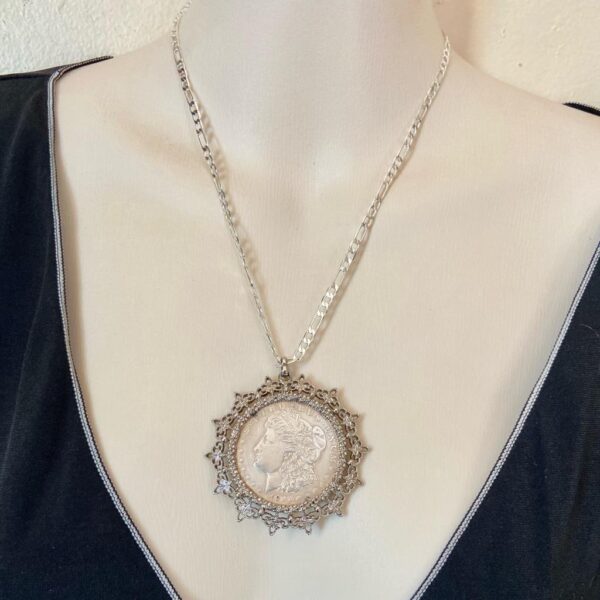 Antique 1921 Silver MorgaDollar Coin Pendant with 18in 925 Silver Chain Necklace