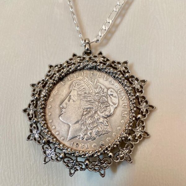 Antique 1921 Silver MorgaDollar Coin Pendant with 18in 925 Silver Chain Necklace