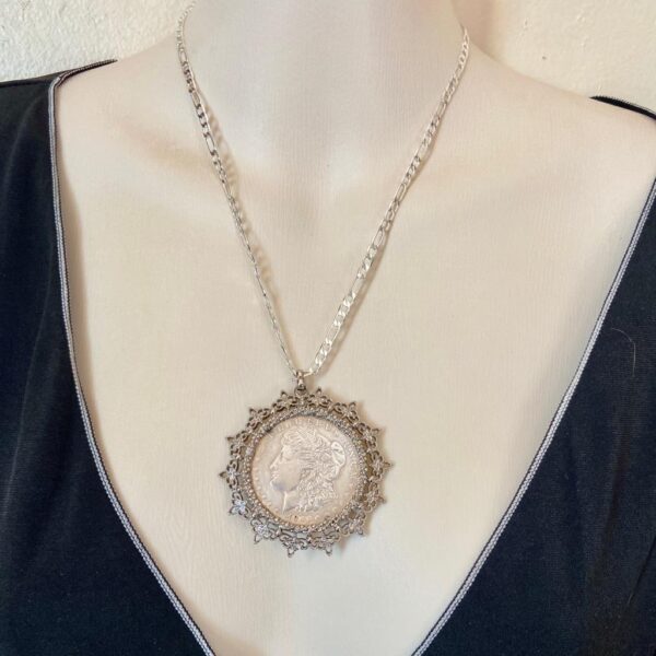 Antique 1921 Silver MorgaDollar Coin Pendant with 18in 925 Silver Chain Necklace