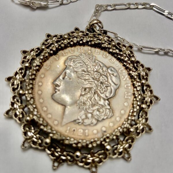 Antique 1921 Silver MorgaDollar Coin Pendant with 18in 925 Silver Chain Necklace