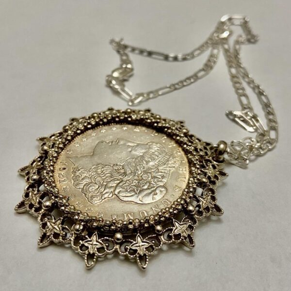 Antique 1921 Silver MorgaDollar Coin Pendant with 18in 925 Silver Chain Necklace