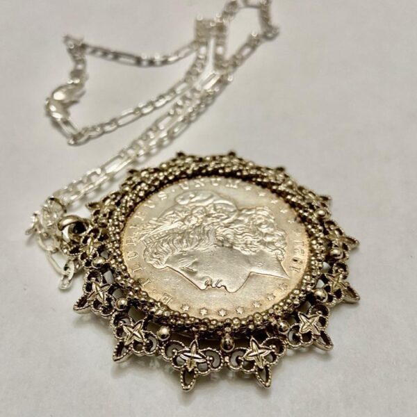 Antique 1921 Silver MorgaDollar Coin Pendant with 18in 925 Silver Chain Necklace