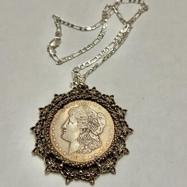 Antique 1921 Silver MorgaDollar Coin Pendant with 18in 925 Silver Chain Necklace