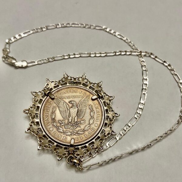 Antique 1921 Silver MorgaDollar Coin Pendant with 18in 925 Silver Chain Necklace