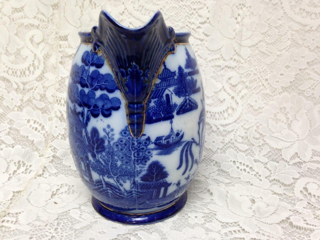 Antique, Rare, Royal Doulton England, Flow Blue Willow, Large 75oz Ewer-Pitcher