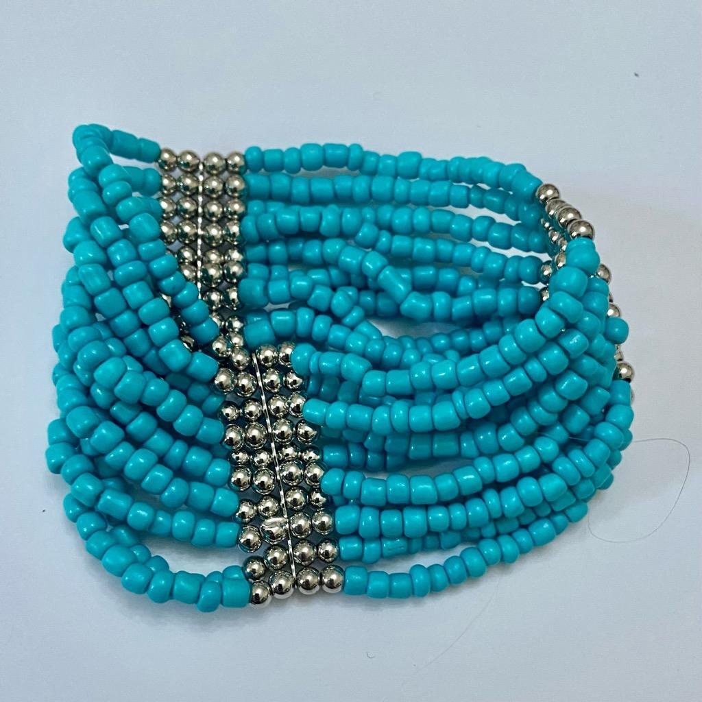 Beautiful, Multi-layer Faux Turquoise Beaded Stretch Bracelet 8.5in L x 1 1/2in