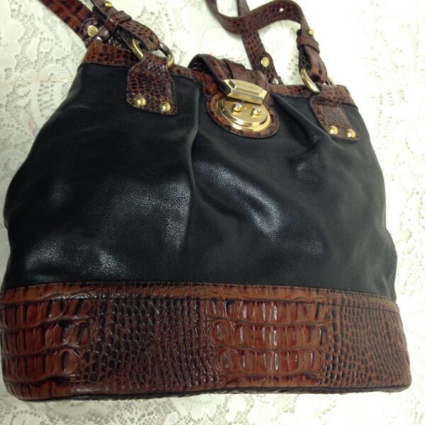 Brahmin Black-Brown, Embossed Croc Genuine Leather Hand Bag, 12in x 10in x 6in