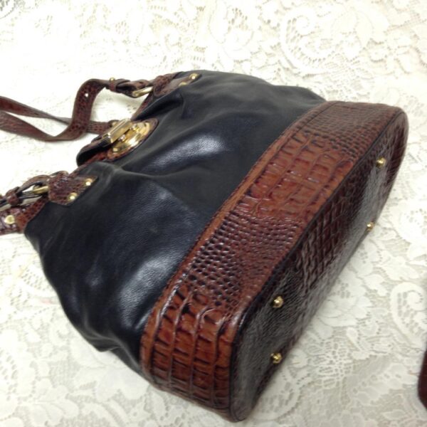 Brahmin Black-Brown, Embossed Croc Genuine Leather Hand Bag, 12in x 10in x 6in