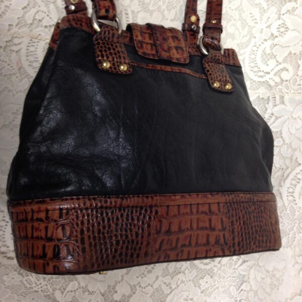 Brahmin Black-Brown, Embossed Croc Genuine Leather Hand Bag, 12in x 10in x 6in