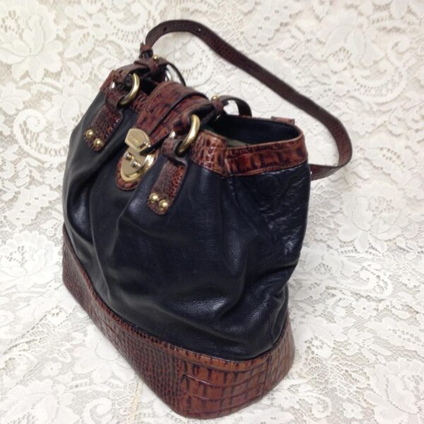 Brahmin Black-Brown, Embossed Croc Genuine Leather Hand Bag, 12in x 10in x 6in