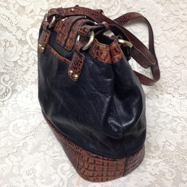 Brahmin Black-Brown, Embossed Croc Genuine Leather Hand Bag, 12in x 10in x 6in