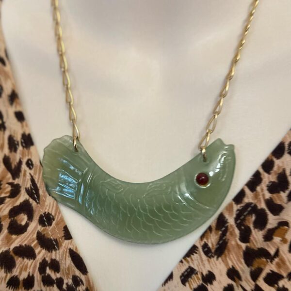 Vintage, 4.5in Carved Fish Jade Necklace