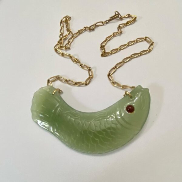 Vintage, 4.5in Carved Fish Jade Necklace