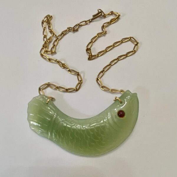 Vintage, 4.5in Carved Fish Jade Necklace