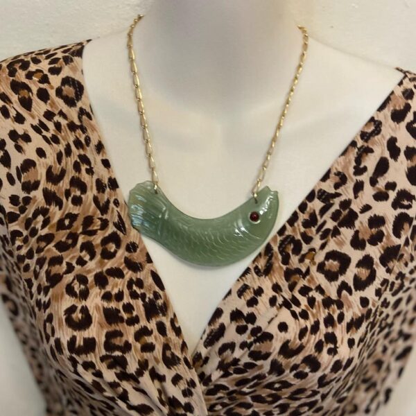 Vintage, 4.5in Carved Fish Jade Necklace