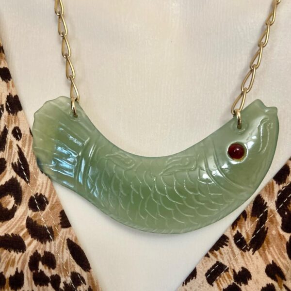 Vintage, 4.5in Carved Fish Jade Necklace