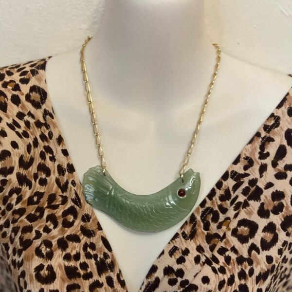 Vintage, 4.5in Carved Fish Jade Necklace