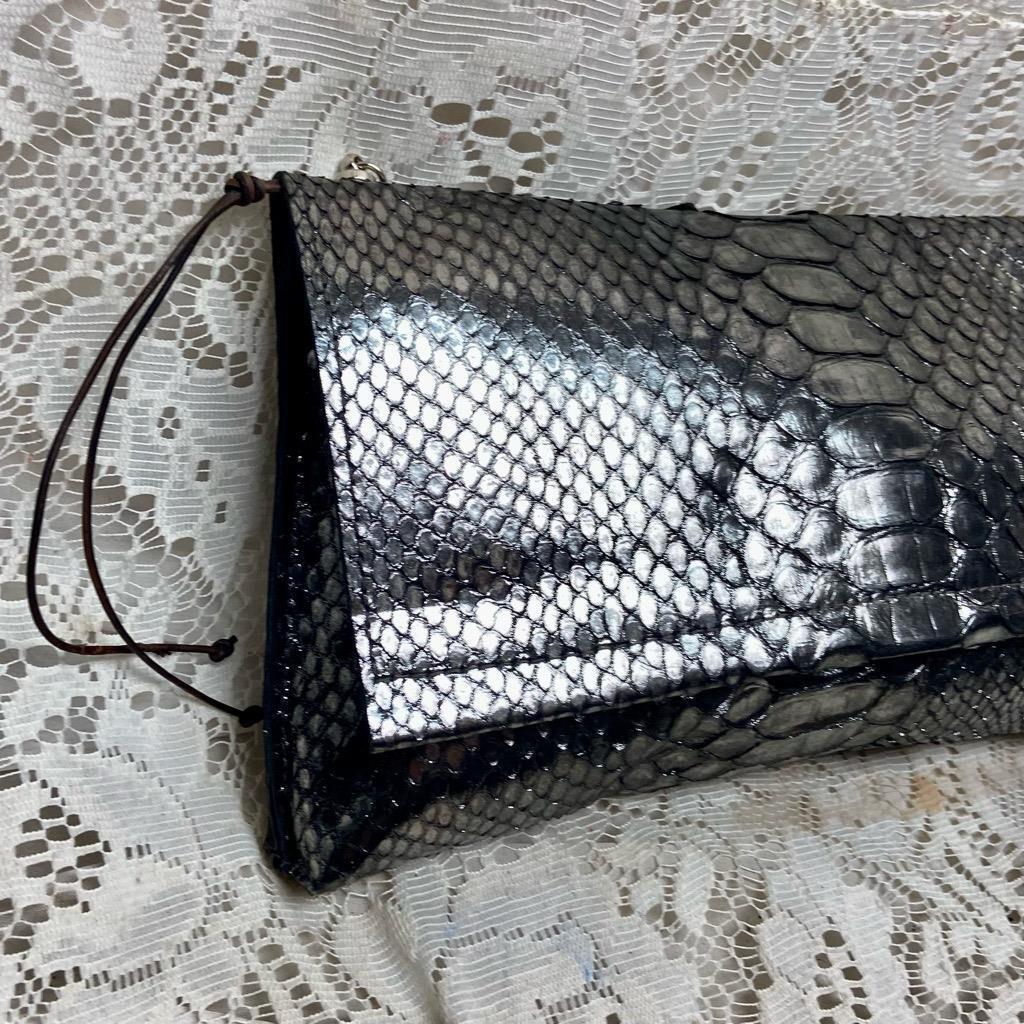 Metallic Silver Faux Snakeskin Leather Clutch Wristlet-Crossbody. 10.5in x 6.5in