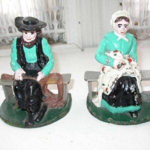 Vintage Pair, Cast Iron, Figural Amish Couple Bookends