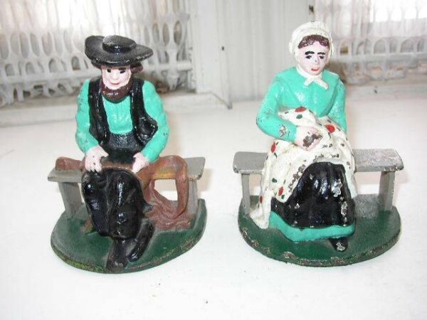 Vintage Pair, Cast Iron, Figural Amish Couple Bookends