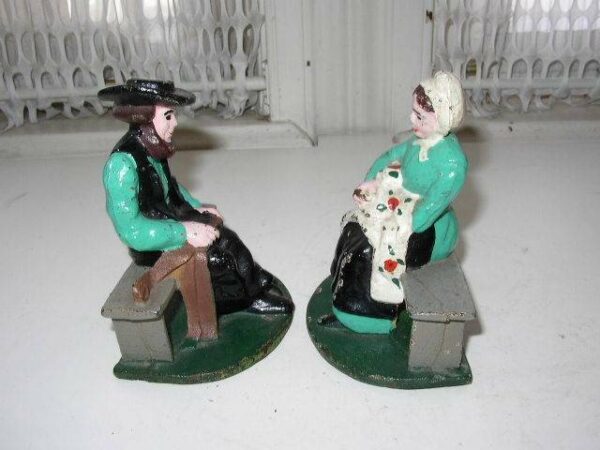 Vintage Pair, Cast Iron, Figural Amish Couple Bookends