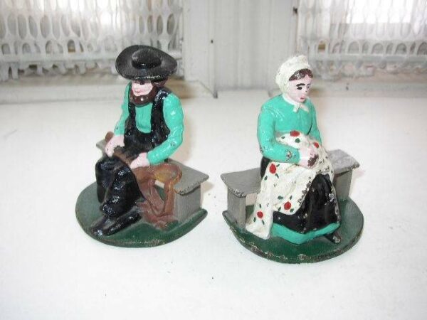 Vintage Pair, Cast Iron, Figural Amish Couple Bookends