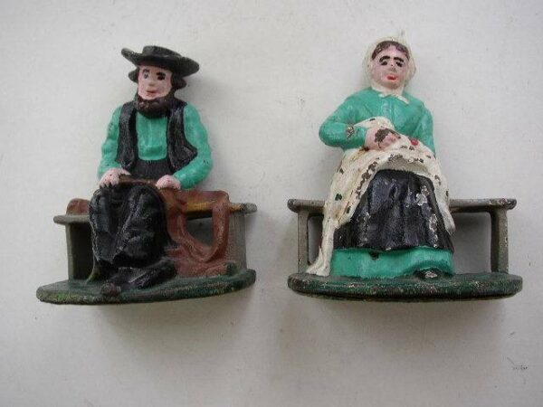 Vintage Pair, Cast Iron, Figural Amish Couple Bookends