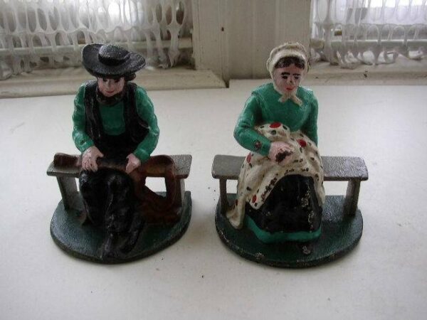 Vintage Pair, Cast Iron, Figural Amish Couple Bookends