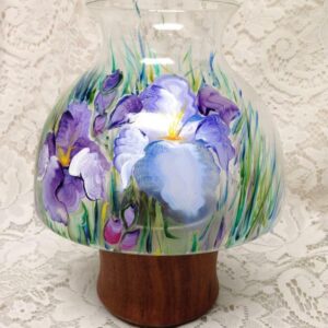 Vintage, Hand Painted Orchids, Glass and Teakwood Fairy Lamp 10inT x 7inW