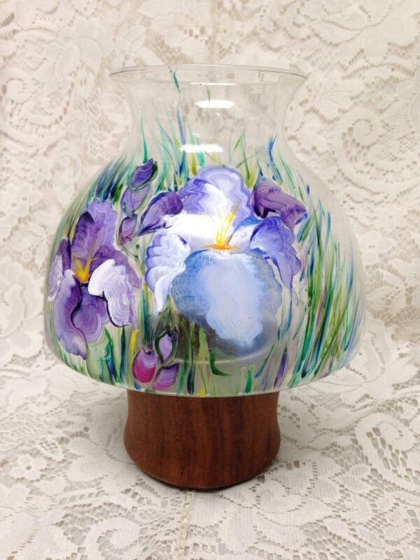 Vintage, Hand Painted Orchids, Glass and Teakwood Fairy Lamp 10inT x 7inW