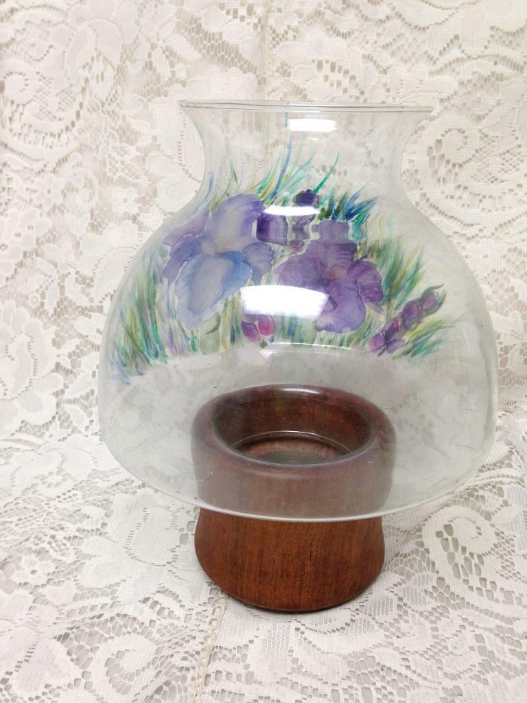 Vintage, Hand Painted Orchids, Glass and Teakwood Fairy Lamp 10inT x 7inW