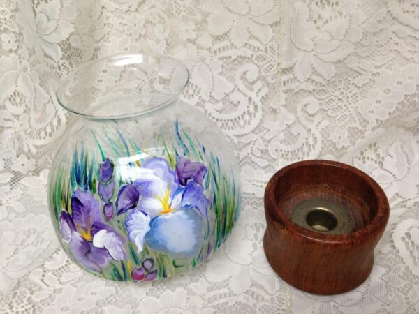 Vintage, Hand Painted Orchids, Glass and Teakwood Fairy Lamp 10inT x 7inW