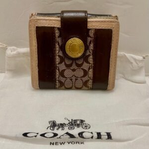 Coach Brown Mono Canvas -Beige/Brown Leather Trim-Trifold Compact Wallet with Du