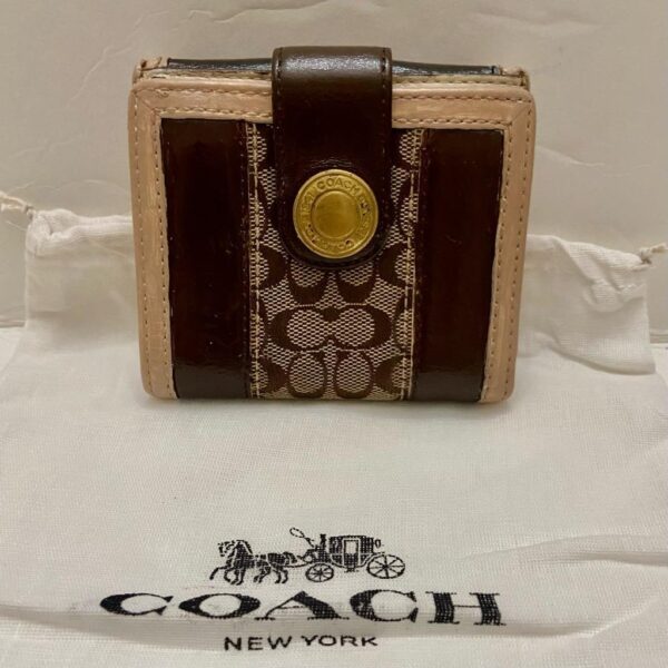 Coach Brown Mono Canvas -Beige/Brown Leather Trim-Trifold Compact Wallet with Du