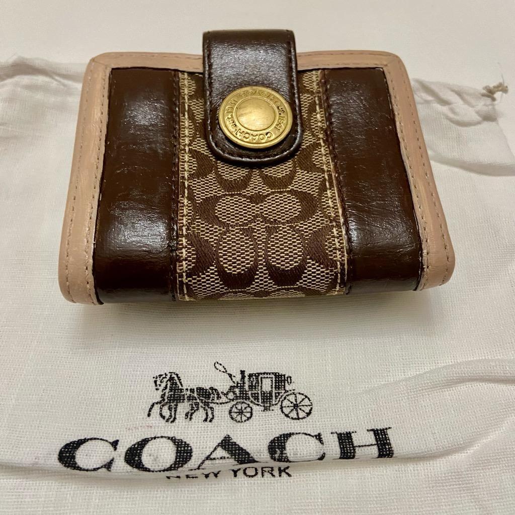 Coach Brown Mono Canvas -Beige/Brown Leather Trim-Trifold Compact Wallet with Du