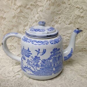 Antique, Rare, Blue Willow Enamelware Teapot or Tea Kettle 10in W x 7.5in H