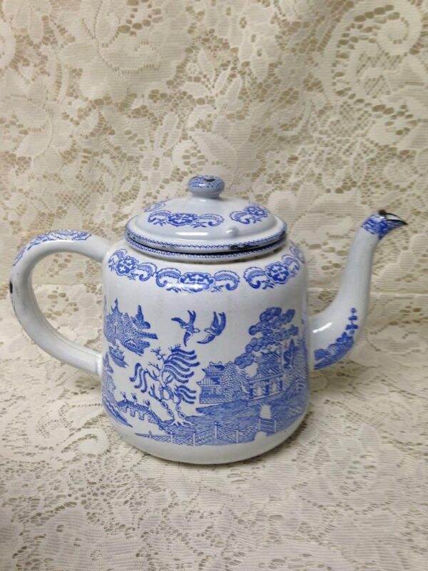 Antique, Rare, Blue Willow Enamelware Teapot or Tea Kettle 10in W x 7.5in H