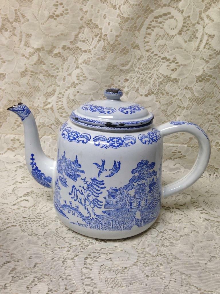 Antique, Rare, Blue Willow Enamelware Teapot or Tea Kettle 10in W x 7.5in H