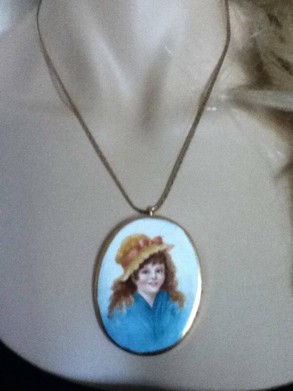 Vintage, Hand-painted Portrait of a Young Lady Pendant- Gold filledNecklace