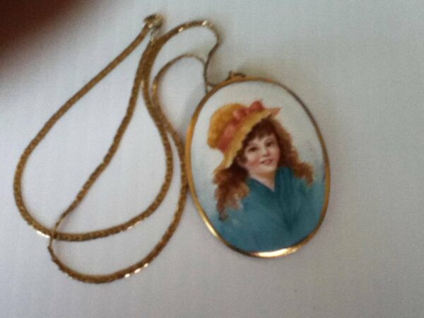 Vintage, Hand-painted Portrait of a Young Lady Pendant- Gold filledNecklace