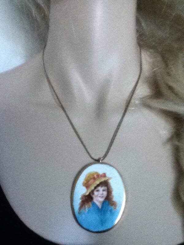 Vintage, Hand-painted Portrait of a Young Lady Pendant- Gold filledNecklace