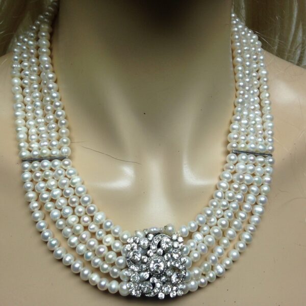 Elegant Reversible Cameo-Rhinestones Pendant 5 Strands Real Pearls 18in Necklace